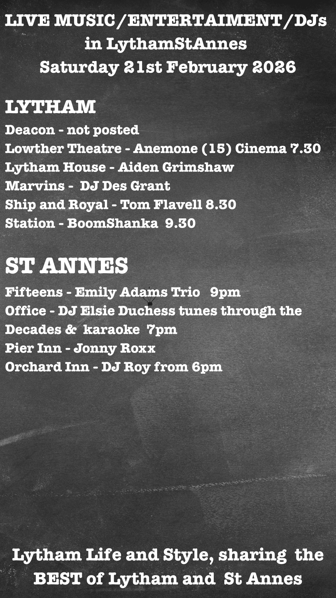 Sat 21st Feb live music and entertainment in lytham st annes