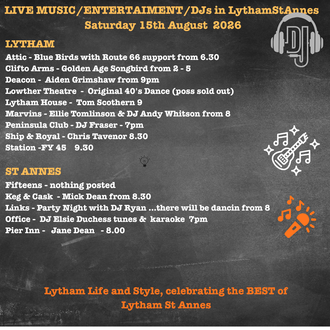 Saturday 15th August LIVE MUSIC whatson in Lytham Stannes