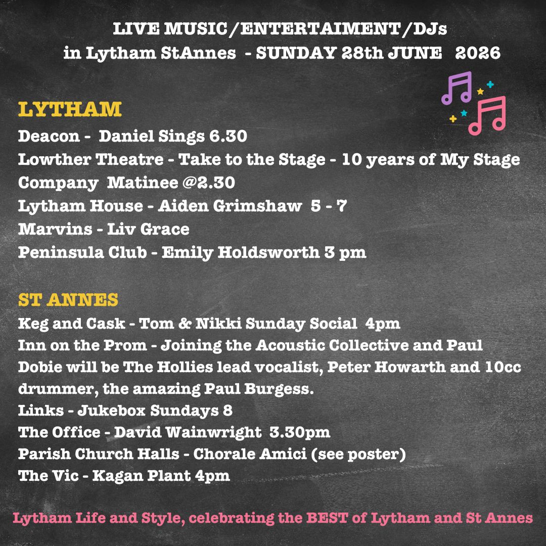 Sunday 28th June LIVE whats on in lytham stannes